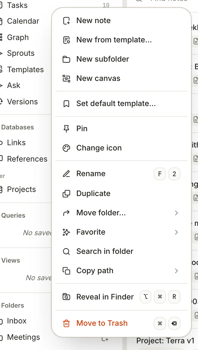 The folder menu for Meetings, with New note, New from template…, New subfolder and other folder actions.