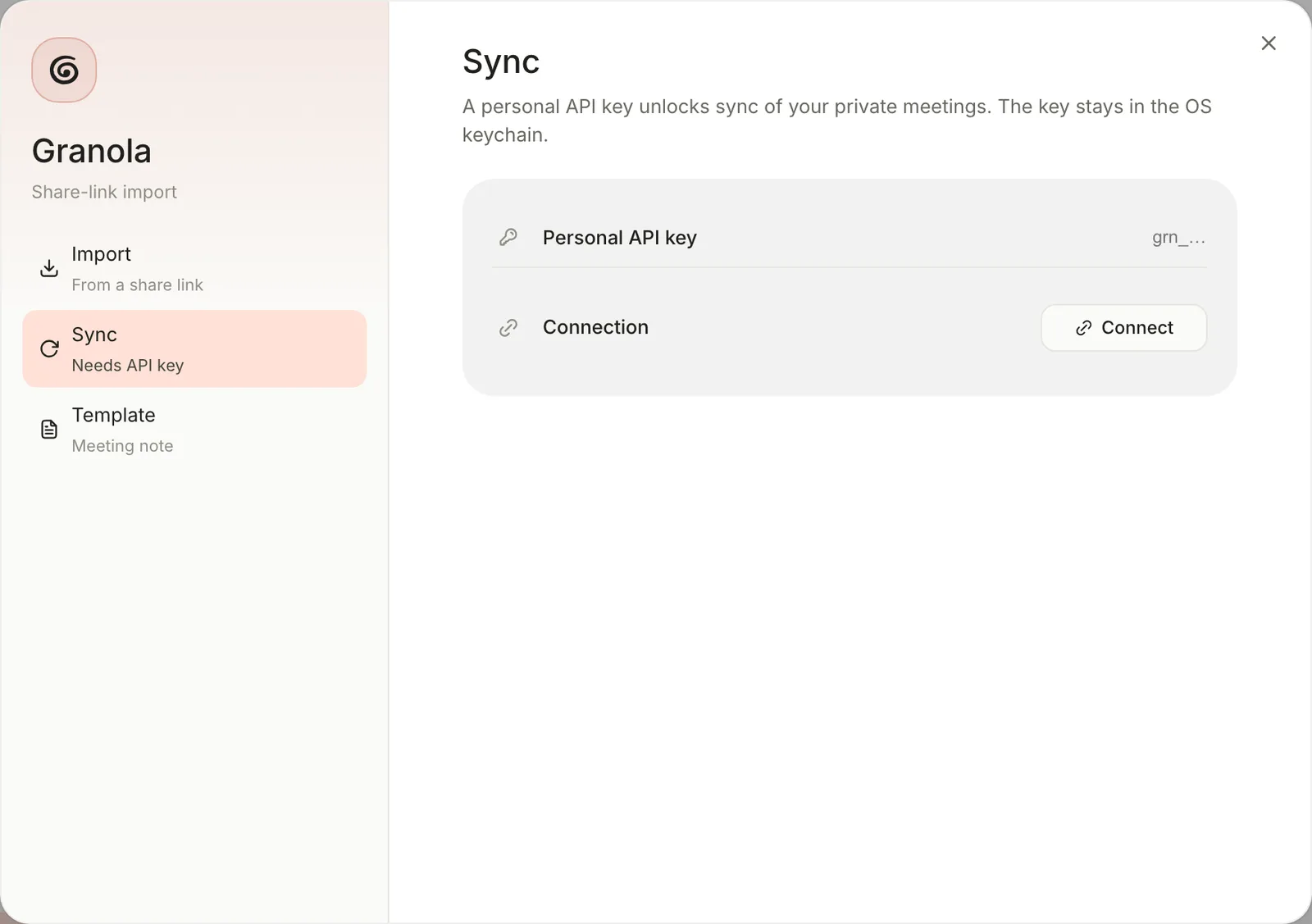 The Granola dialog on its Sync section, with a Personal API key field and a Connect button.