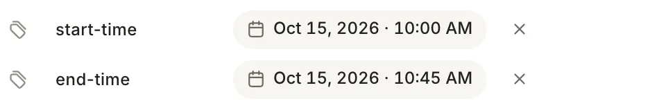 The note's start-time and end-time properties: Oct 15, 2026 · 10:00 AM and Oct 15, 2026 · 10:45 AM.