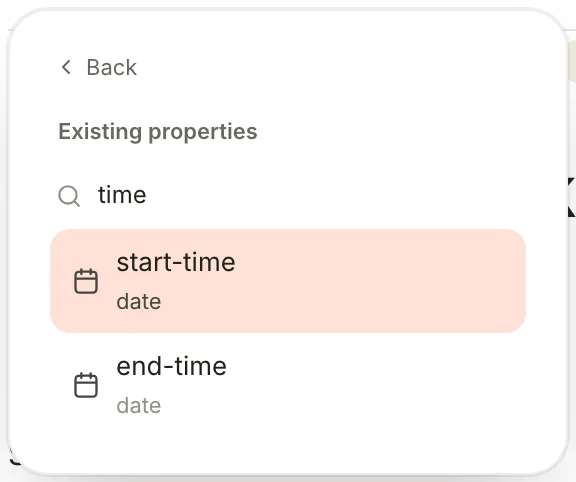 The Add property list filtered by time, showing start-time and end-time, both date properties.