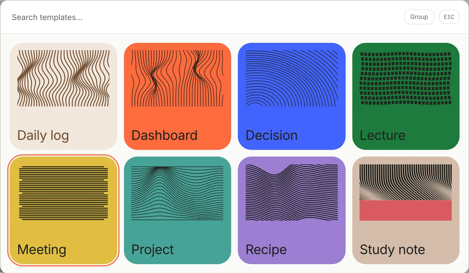 The template picker showing eight templates: Daily log, Dashboard, Decision, Lecture, Meeting, Project, Recipe and Study note, with Meeting highlighted.
