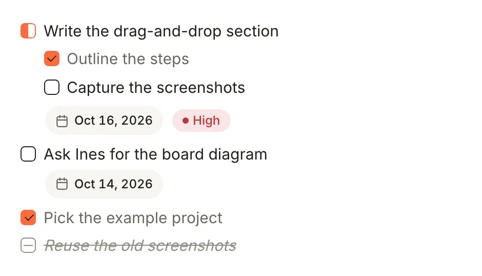 The same six lines in Terra's editor: checkboxes in four states, two indented subtasks, and pills for the due dates and the High priority.