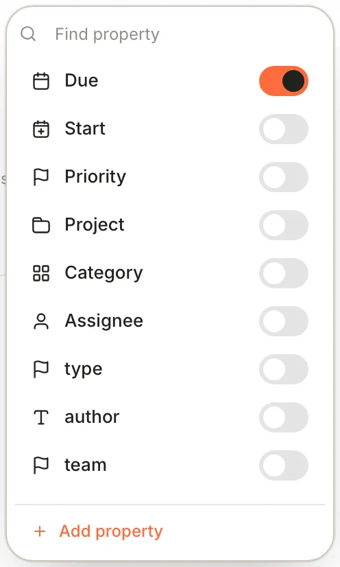The Properties menu for a task: a search box, then switches for Due, Start, Priority, Project, Category and Assignee, the Library's own properties, and Add property.