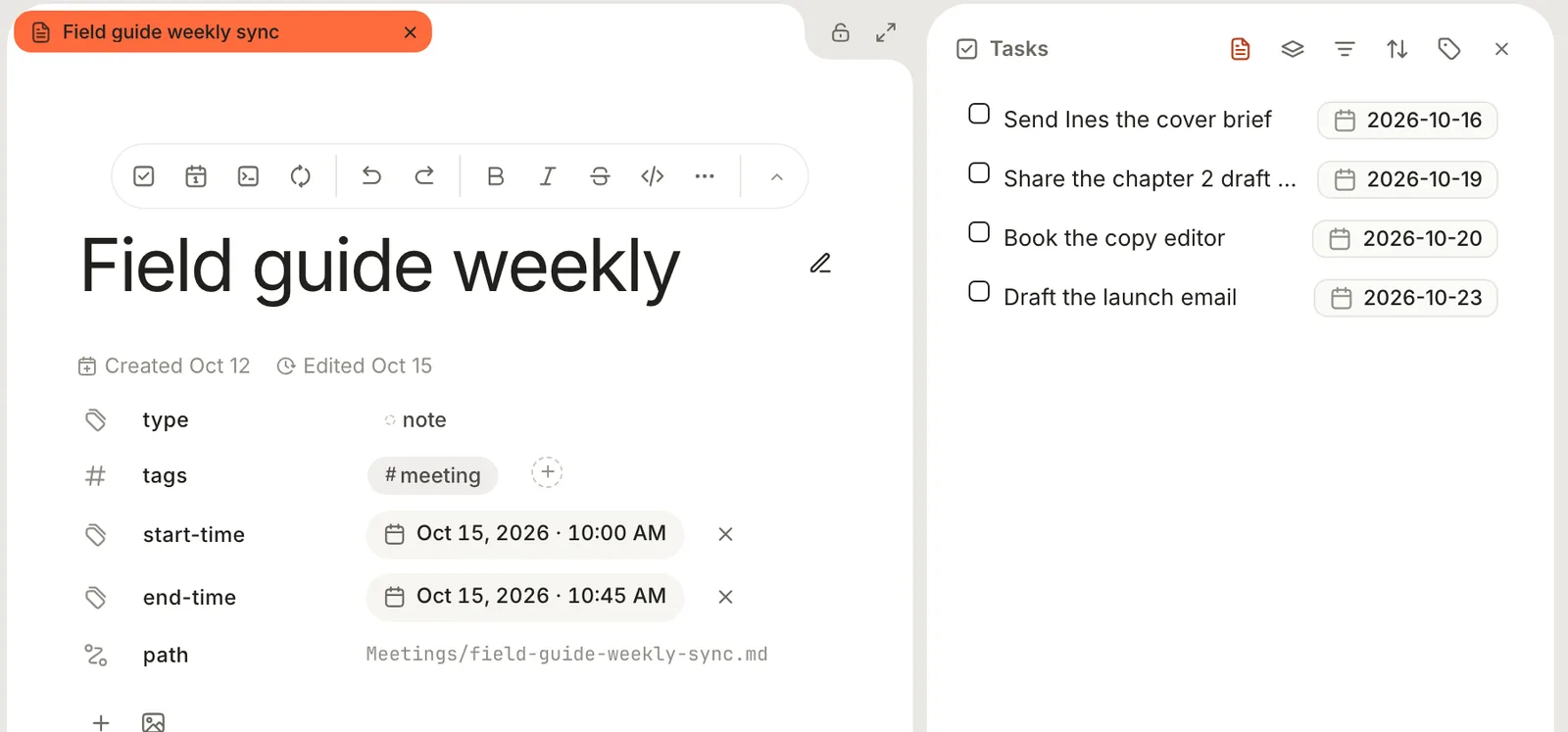 A meeting note with the Tasks drawer open on the right, listing its four action items and their due dates.