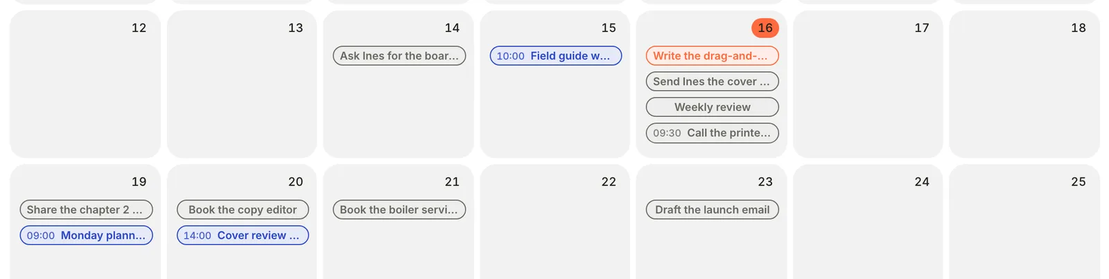 Two weeks of the Calendar: the weekly sync at 10:00 on Thursday the 15th, and the action items on the 16th, 19th, 20th and 23rd.