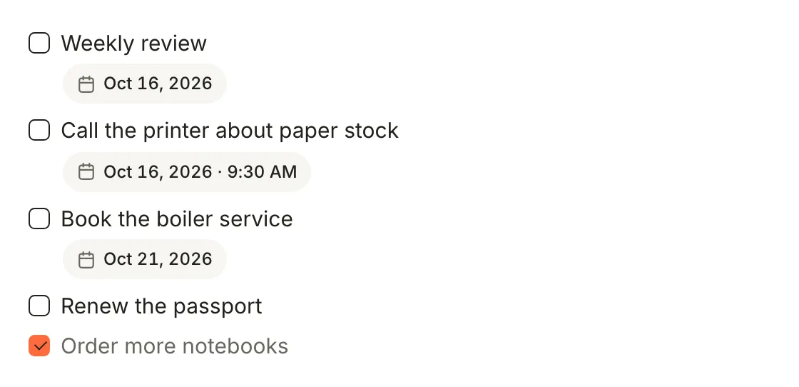 The same list in Terra's editor: five tasks, the last one ticked, with date pills under the first three, one of them at 9:30 AM.